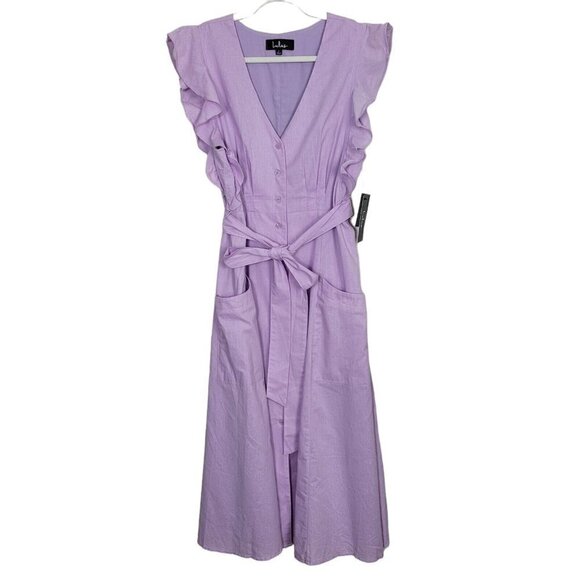 Lulu's Sz Large Sophie Lavender Button Up Midi Dress Ruffle Trim Sleeve NWT - Picture 1 of 9